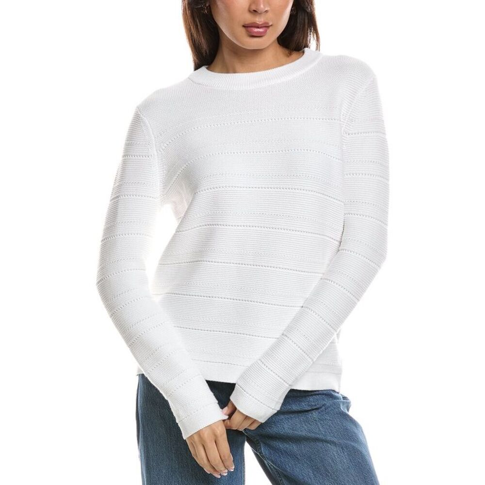 Forte Cashmere Womens Stripe Knit Sweater, White